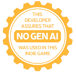INFINITE CHUMP: Yellow gear badge with pixel text “NO GEN AI” on black background.