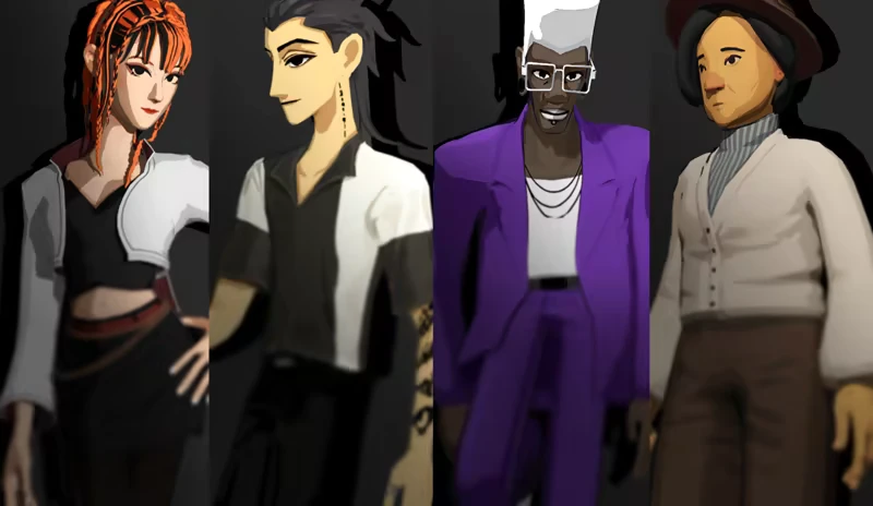 Characters Lineup – Inkression Inkression: Four stylized characters with diverse outfits, including a purple suit and braided hair.