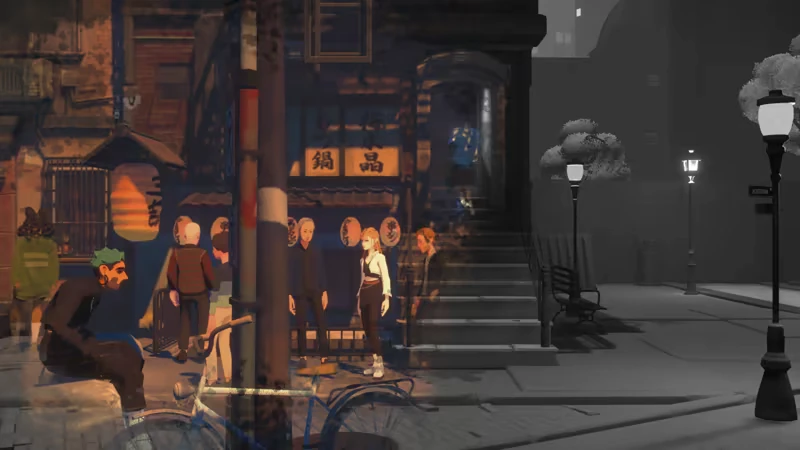 Street Scene – Inkression Inkression: A man with green hair sits by a bike; people gather near a shop with lanterns.