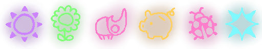 Insert Disc: Neon outline icons on checkerboard: sun, flower, flame, piggy bank, gear, star.