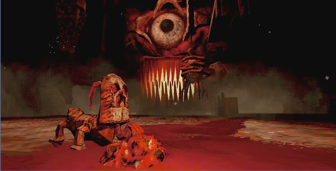 Inside the Flesh Engine: A giant eye looms above jagged teeth, overlooking a blood-red floor.