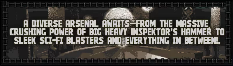 INSPEKTOR: Text reads "A diverse arsenal awaits" in bold, blocky font over a dark, industrial scene.