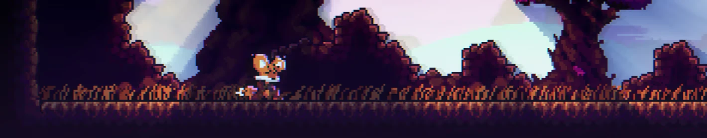 Instinct: Pixelated fox character runs on a grassy platform with rocky and tree background.