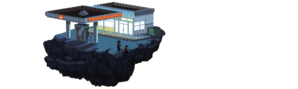 Interdimensional Gas Station: Pixel art gas station on a rocky platform with two characters outside.