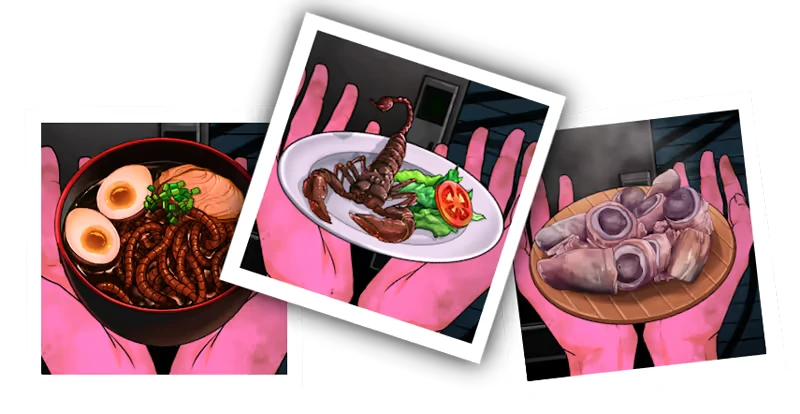Interdimensional Vending Machine: Hands holding ramen, scorpion on lettuce, and eyeballs on a platter.
