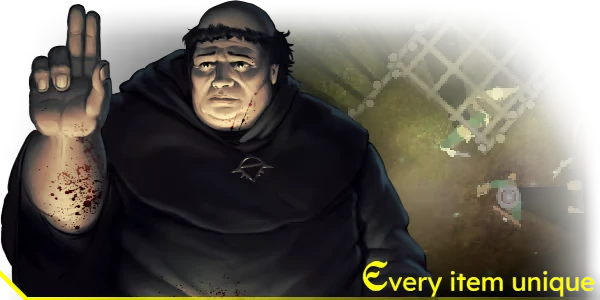 INTO EVIL: Hooded figure with bloodied hand gestures, yellow text reads "Every item unique."