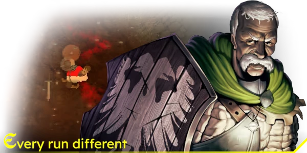 INTO EVIL: Elder warrior with shield, green cloak; pixelated battle scene; text "Every run different".