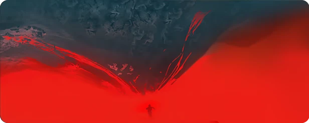 Lava Eruption – Into the Fire Into the Fire: Silhouetted figure runs through red haze beneath dark, swirling sky.