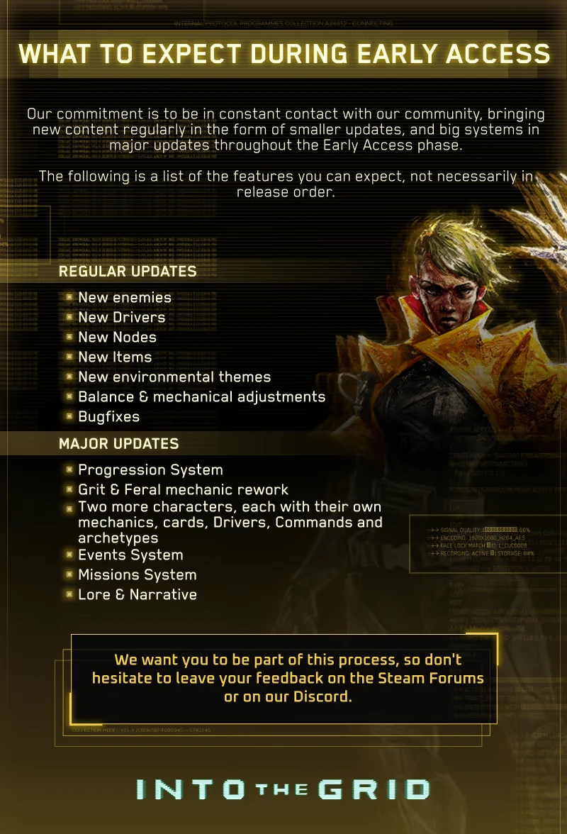 Early Access Updates – Into The Grid Into The Grid: Yellow text lists updates; character with yellow coat; feedback invitation below.