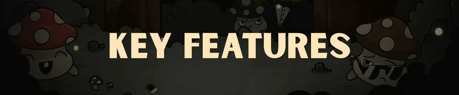 Key Features – Into The Lumberwoods Into The Lumberwoods: “KEY FEATURES” text over cartoon forest with mushrooms and owl.