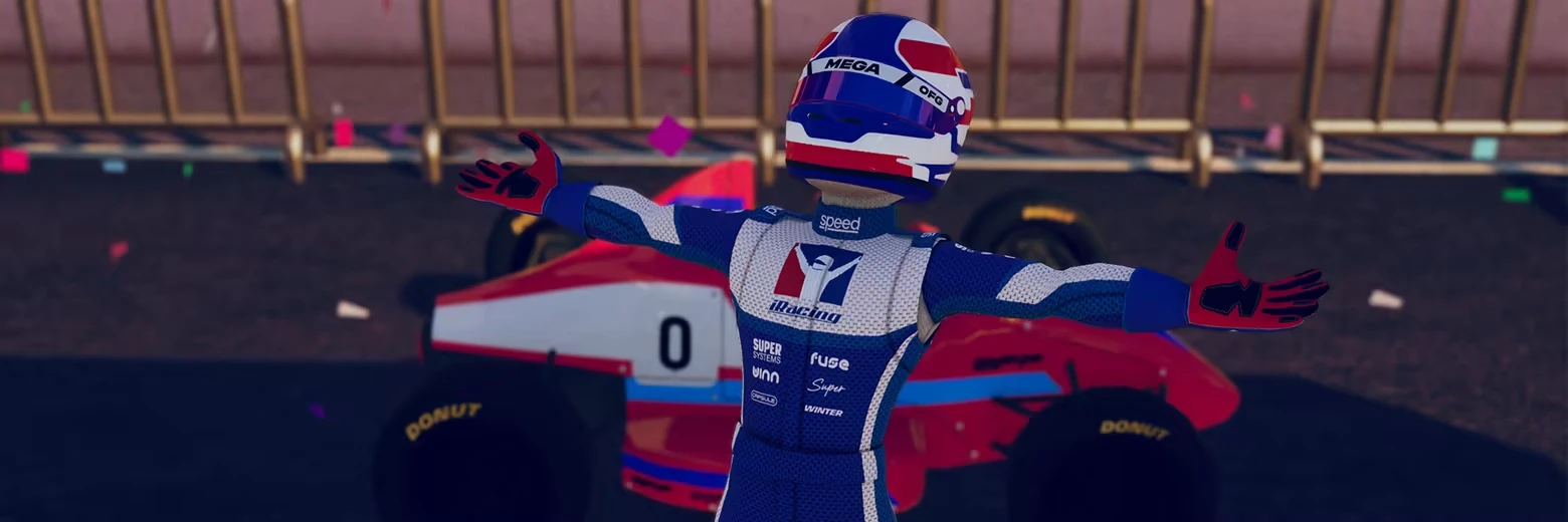 Victory Celebration – iRacing Arcade iRacing Arcade: Racer celebrates with arms wide, standing in front of a red race car, confetti falling.