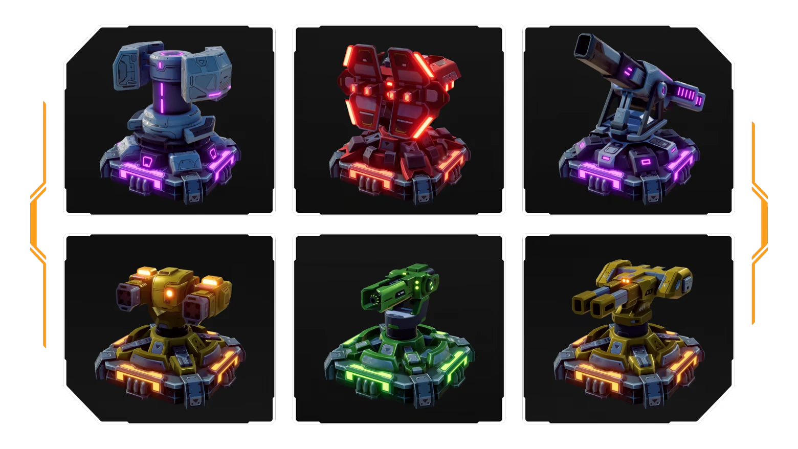 IRON GUARD: Six futuristic turrets with glowing accents in purple, red, green, and orange.