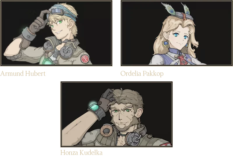 Character Busts – Ironwing Valiant: Record of Astera Ironwing Valiant: Three character portraits with names: Armand Hubert, Ordella Falkkop, Honza Kudelka.