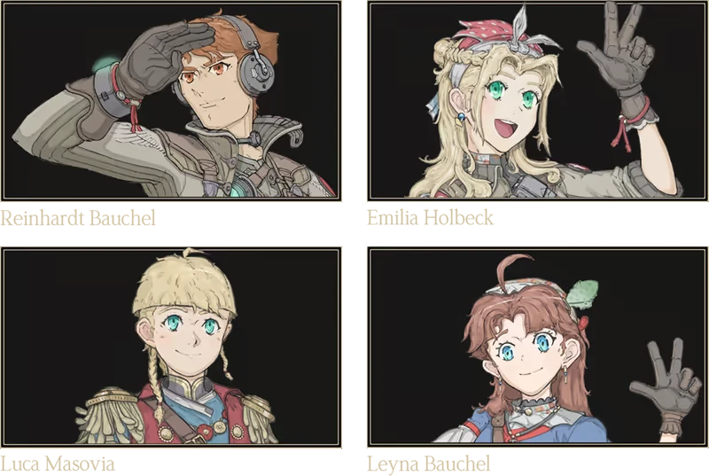 Character Portraits – Ironwing Valiant: Record of Astera Ironwing Valiant: Four character portraits with names: Reinhardt, Emilia, Luca, Leyna.