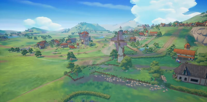 Village Panorama – Ironwing Valiant: Record of Astera Ironwing Valiant: Aerial view of a lush countryside with windmill, houses, and distant hills.