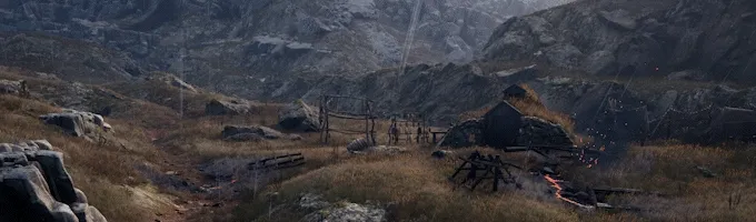 Island of Winds: Rugged landscape with a stone hut, wooden structures, and distant mountains.