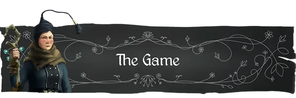 Island of Winds: Woman in dark attire with staff, ornate floral border, text "The Game" in center.