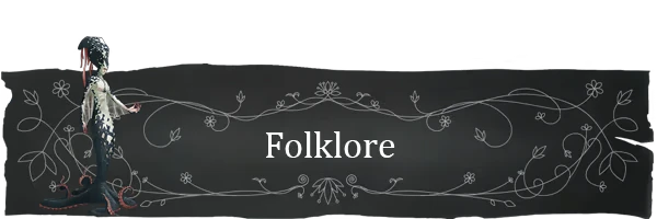 Island of Winds: Character in ornate attire beside "Folklore" text with floral vine design.