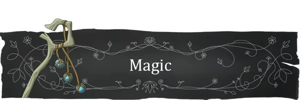 Island of Winds: Ornate staff with blue orbs, floral vines, and "Magic" text on dark background.