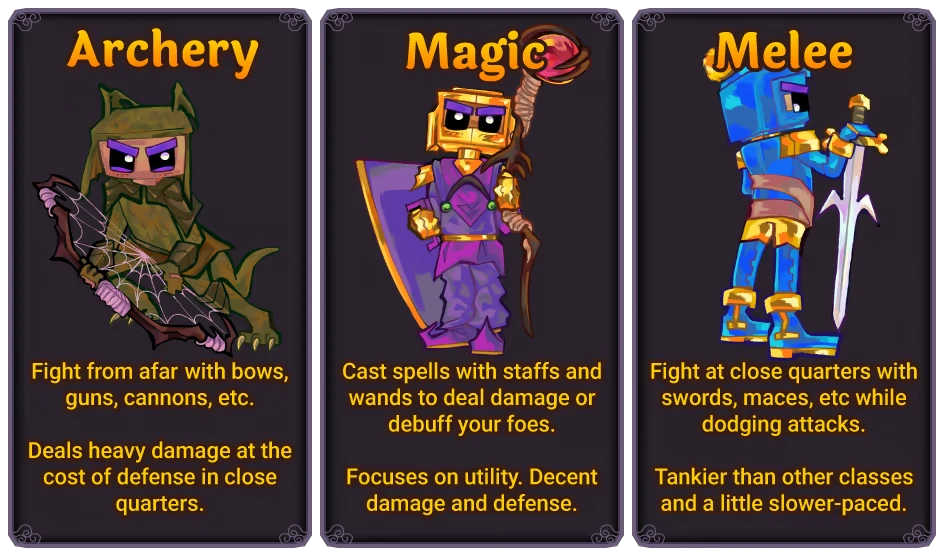ItsyRealm: Three class cards labeled Archery, Magic, Melee with pixel heroes and text.