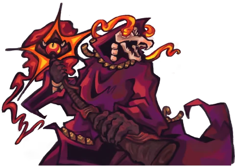 ItsyRealm: Hooded mage with skull face holds staff topped with fiery eye emblem.