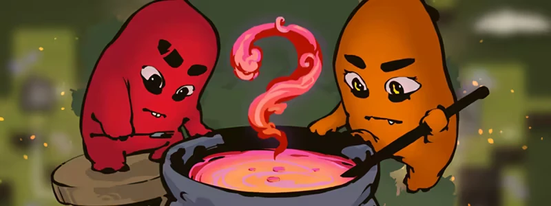 Cauldron Stirring – Ittzy Fearless Ittzy Fearless: Red and orange blob characters stir a bubbling cauldron with a pink question mark.