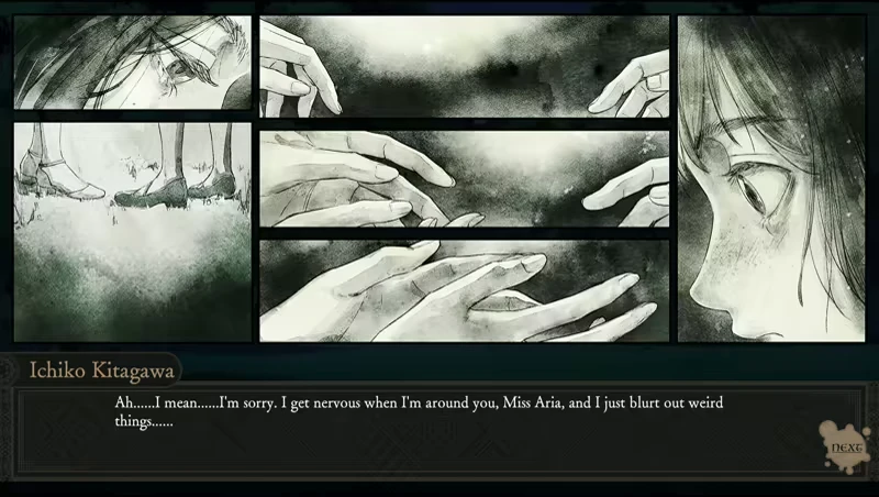 Iwakura Aria: Monochrome panels show close-ups of eyes, hands, and feet; dialogue by Ichiko Kitagawa.