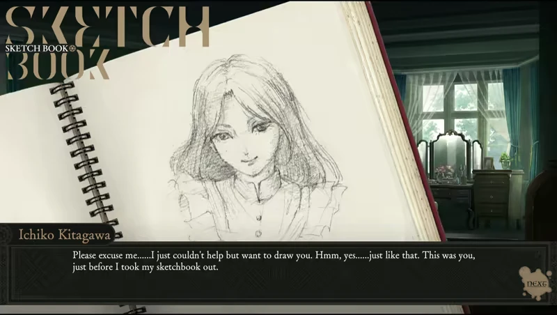 Iwakura Aria: A sketchbook shows a pencil drawing of a woman; dialogue reads, "Please excuse me..."