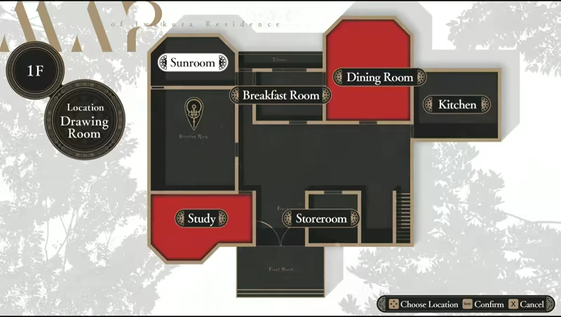 Iwakura Aria: Floor map with labeled rooms; Drawing Room highlighted, UI shows controls.