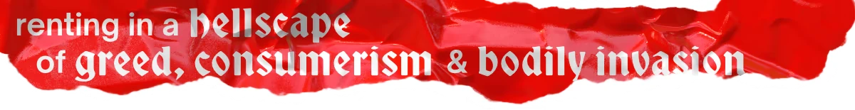 Tagline Text Banner – Janet DeMornay Is A Slumlord (and a witch) Janet DeMornay Is A Slumlord (and a witch): White text on torn red paper background.