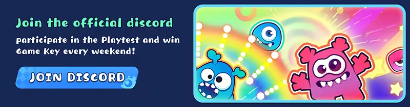 Jelly Bubble: Colorful monsters with big eyes and teeth, rainbow background, "Join Discord" button.