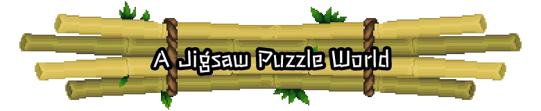 Bamboo Title Banner – Jigrift Jigrift: Bamboo sign with rope ties and leaves, text reads “A Jigsaw Puzzle World”.