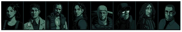 Character Portraits – Jitter Jitter: Eight pixel art portraits of diverse characters in green monochrome, each in separate panels.