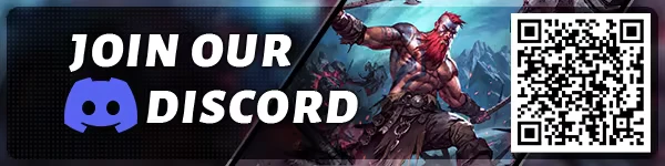 Jotunnslayer: Muscular warrior with red beard, dual-wielding axes; "JOIN OUR DISCORD" text.