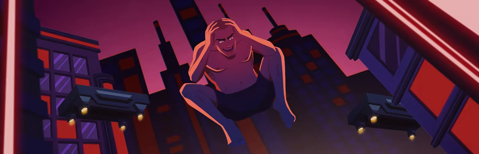Jump To Stratos: Shirtless character crouches mid-air, hands on head, with a cityscape backdrop.