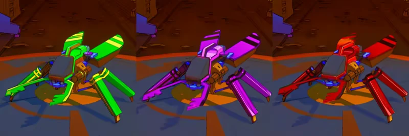 JUNK!: Three colorful spider-like robots in green, purple, and red stand on a circular arena.
