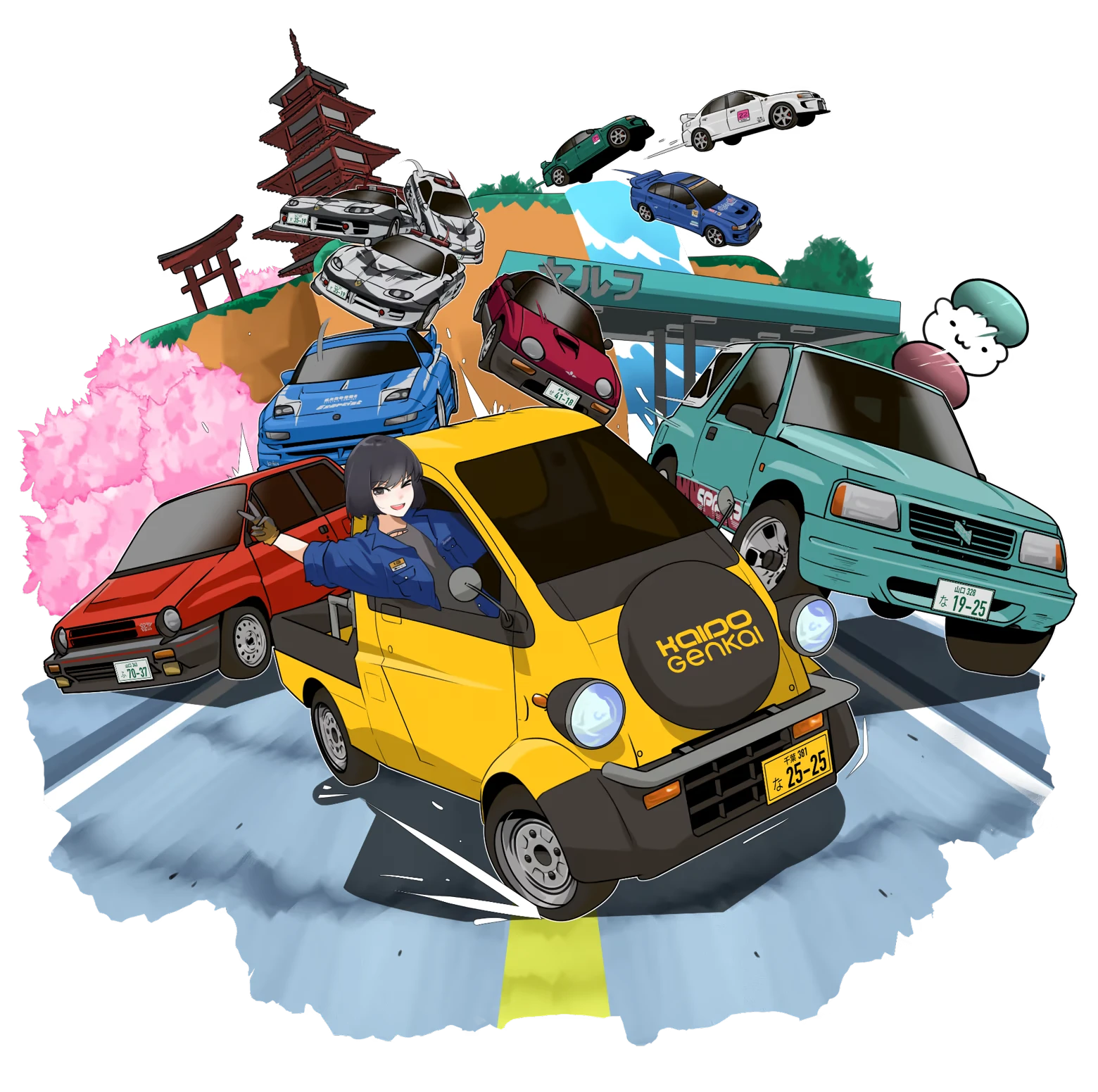 Kaido Genkai: Yellow kei car with Kaido Genkai spare tire, cars airborne behind.