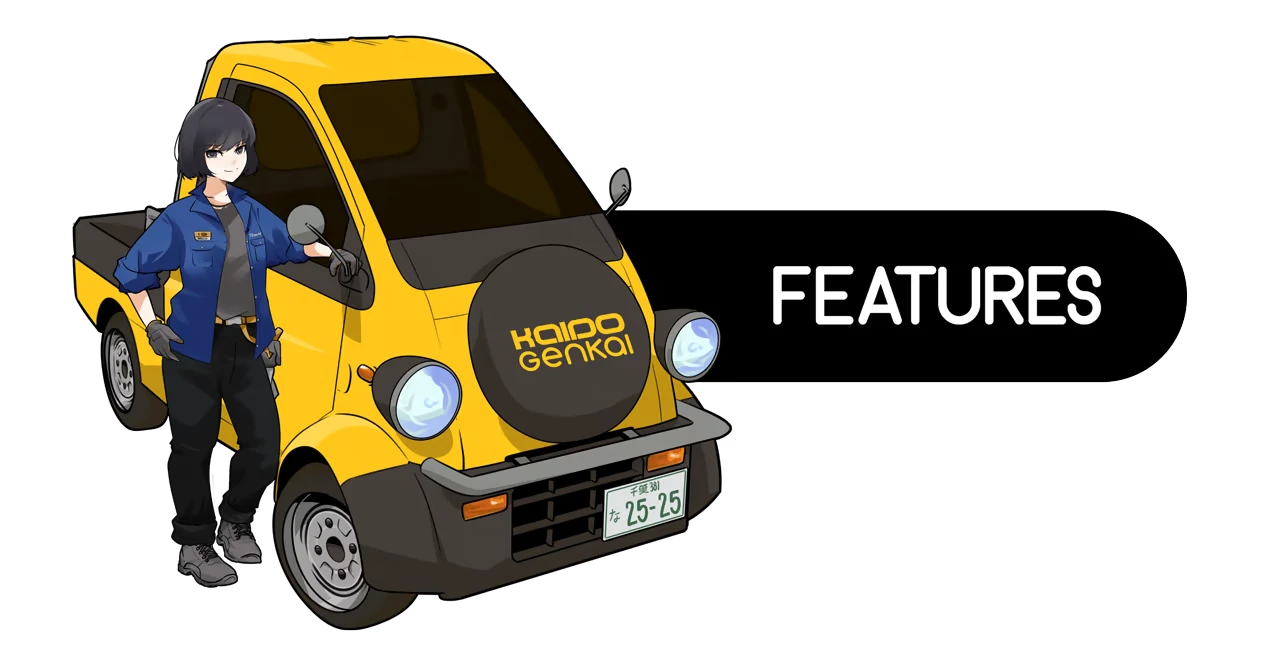 Kaido Genkai: Anime woman by yellow truck; large white text “FEATURES” on black.