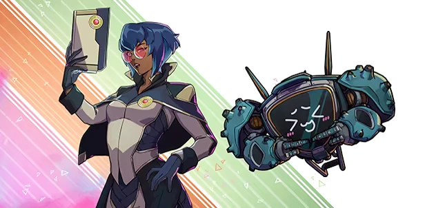 Kaidro: Character with blue hair and pink glasses holds a tablet; robot with cute face nearby.