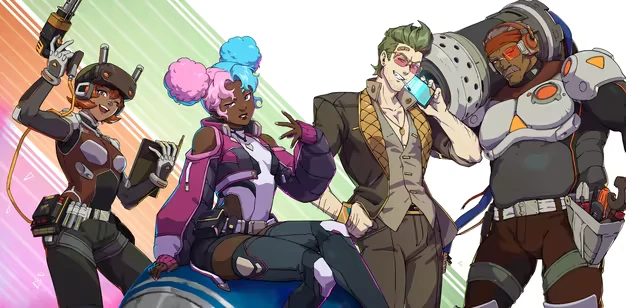 Kaidro: Four diverse characters in futuristic attire, one with a large cannon, on a colorful background.