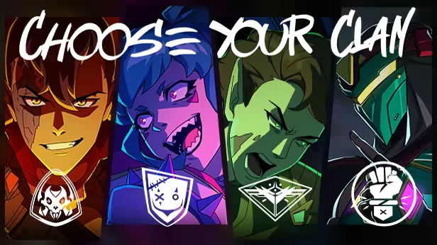 Kaidro: Four vibrant characters with clan emblems, text "CHOOSE YOUR CLAN" in bold white.