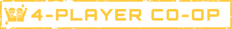 Kaiju Cleanup: Yellow pixel text “4-PLAYER CO-OP” with skull crown icon on black banner.