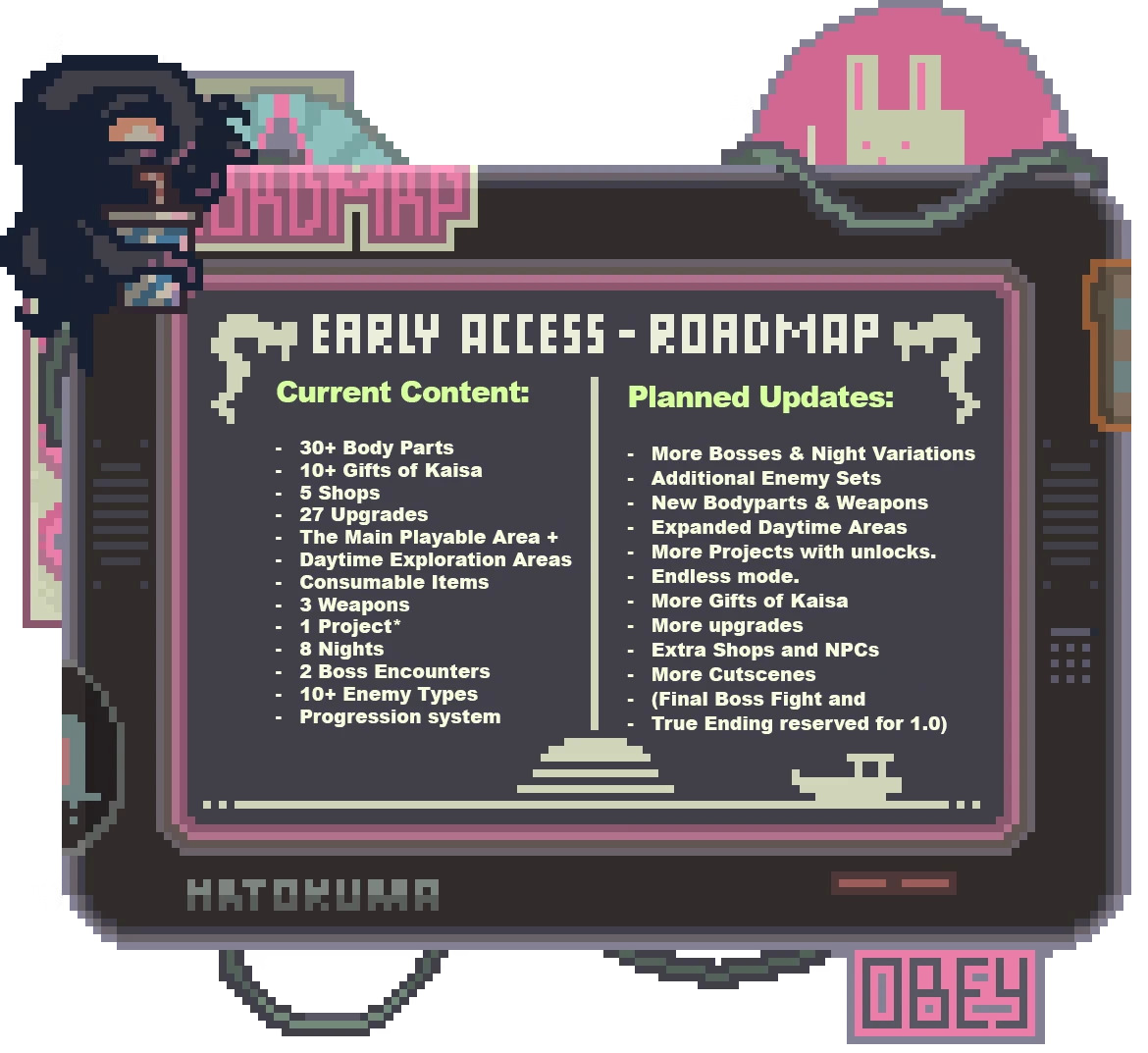 Kaisa: Pixel art roadmap with current content and planned updates, featuring a character and bunny.