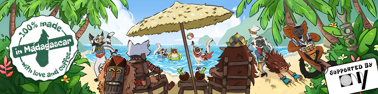 Kalanoro: Lemurs on beach; “100% made in Madagascar” badge and “SUPPORTED BY” logo.