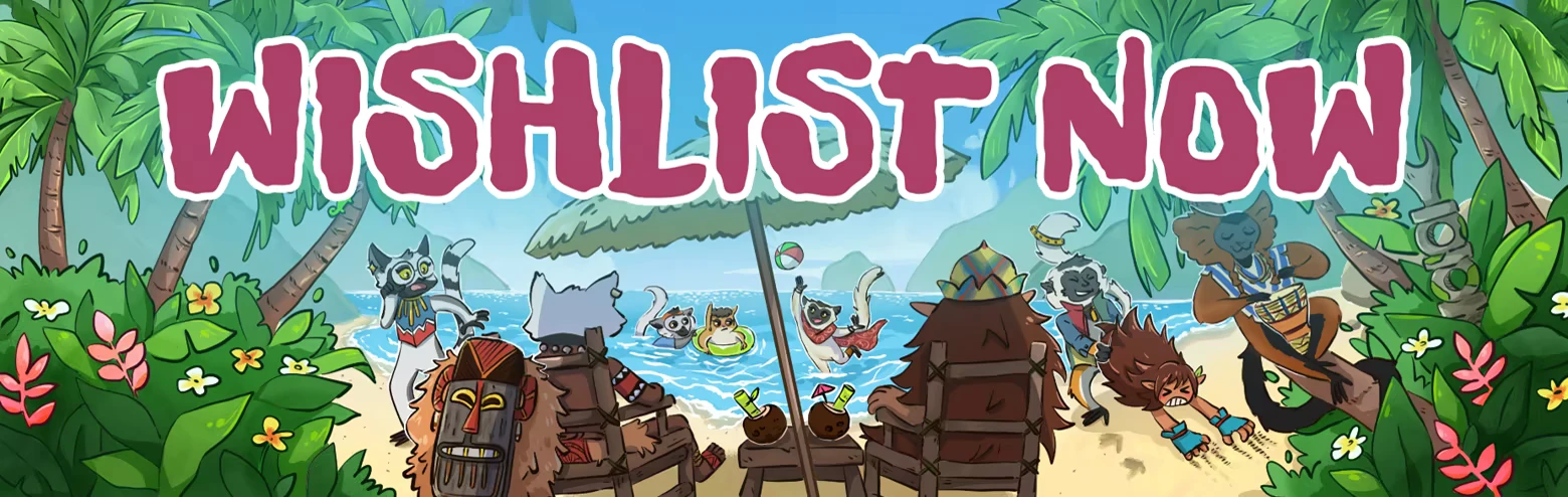 Wishlist Banner – Kalanoro Kalanoro: “WISHLIST NOW” banner over cartoon lemurs relaxing on a beach scene.