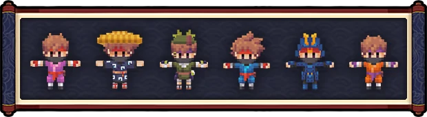 Katana Dragon: Six pixelated ninja characters in varied outfits on a scroll background.