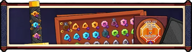 Katana Dragon: Gem board with colorful hexagons, katana hilt, and card showing +5% HP stats.