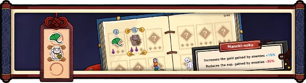 Katana Dragon: Open book with icons, "Maneki-neko" text, and stats for gold and experience.