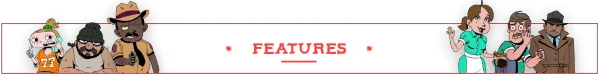 Keepsake County: Cartoon characters with various expressions flank red text reading "FEATURES."