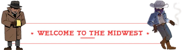 Keepsake County: Detective and masked cowboy flank "WELCOME TO THE MIDWEST" in bold red text.